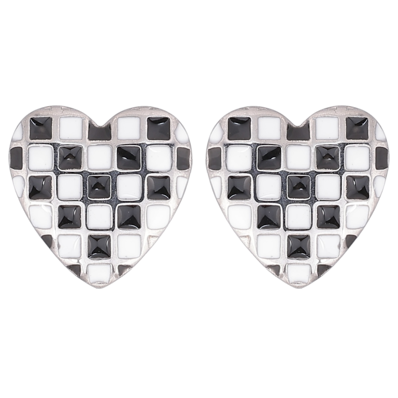 Сережки Xuping TTM Stainless Steel колір Родій пусети «Сердечка з шаховим візерунком емаллю» фото №1