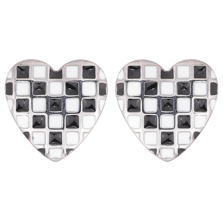 Серьги Xuping TTM Stainless Steel цвет Родий пусеты Сердечки с шахматным узором эмалью фото №1