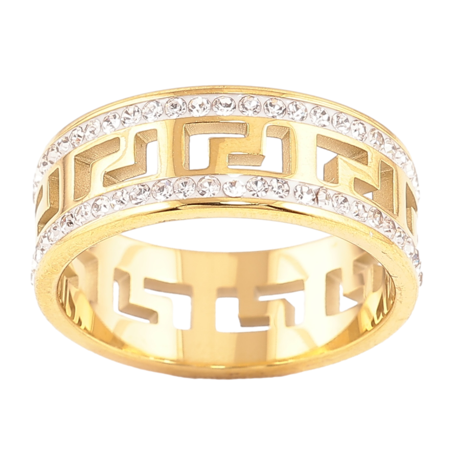 Каблучка Xuping TTM Stainless Steel Колір 14К «Грецький візерунок з доріжками цирконію, шир. 7мм» фото №1