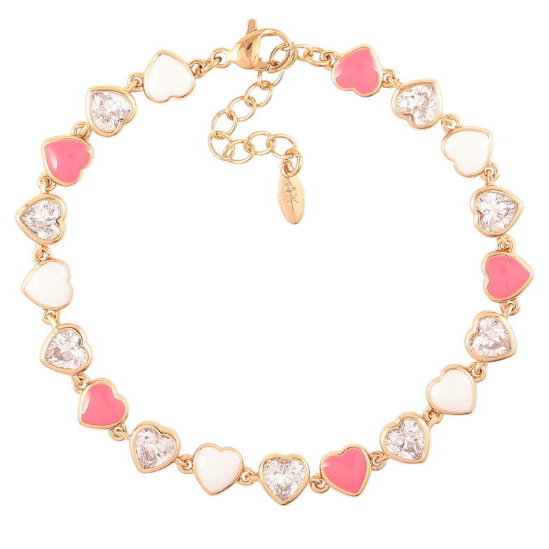 Браслет Xuping Позолота 18K Сердечки с цирконием и бело-розовой эмалью размер с доп.цеп.17-20см х 6мм фото №2
