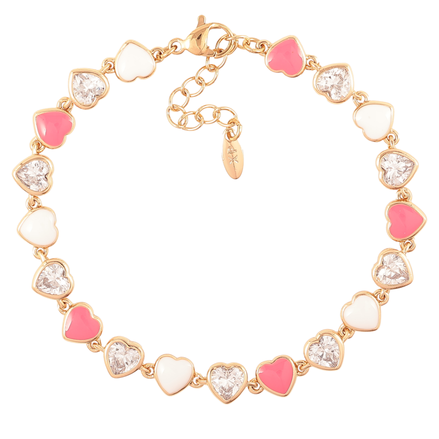 Браслет Xuping Позолота 18K Сердечки с цирконием и бело-розовой эмалью размер с доп.цеп.17-20см х 6мм фото №1