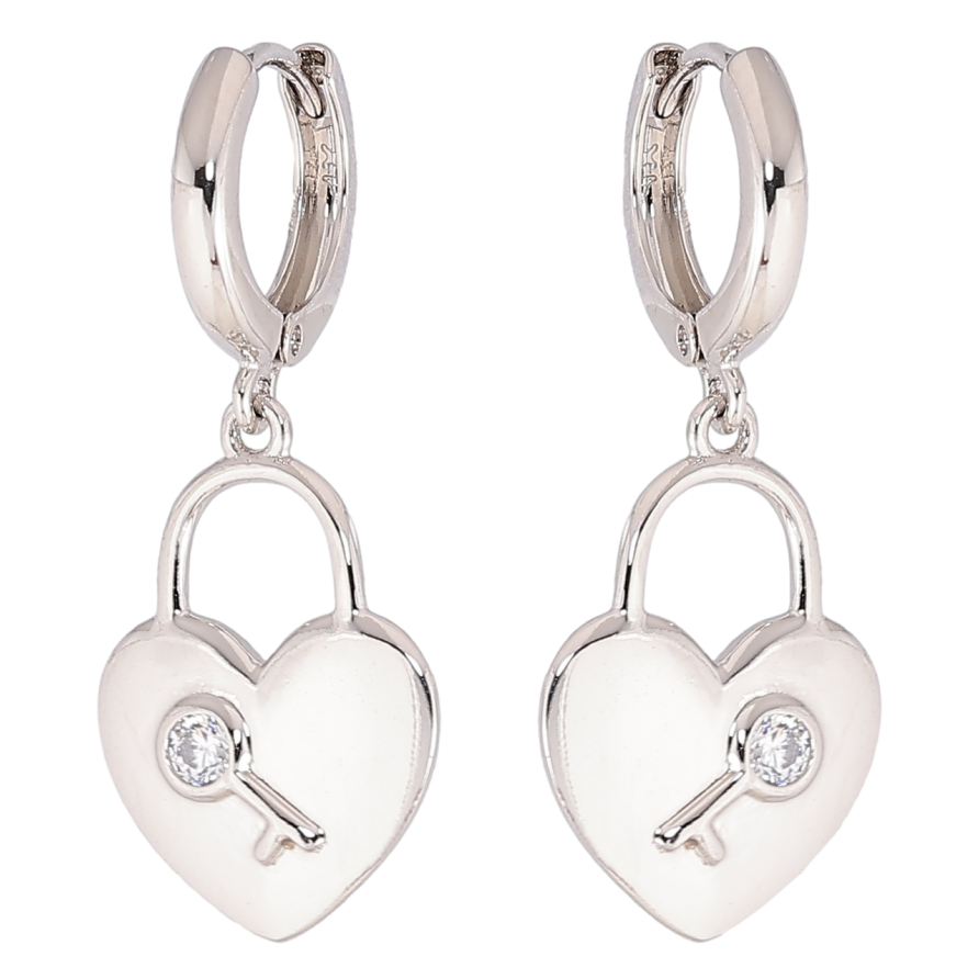 Серьги Xuping Родий подвески на колечках Замочки-сердечки с узором ключик фото №1