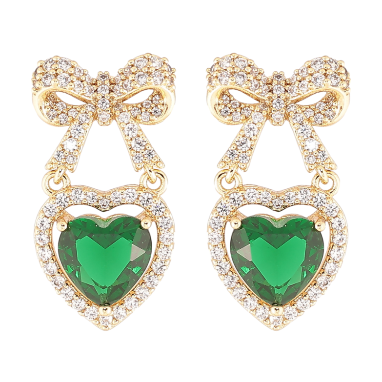 Серьги Xuping Позолота 14K пусеты Банты с сердечками, инкрустация цирконием с зелеными фианитами фото №1