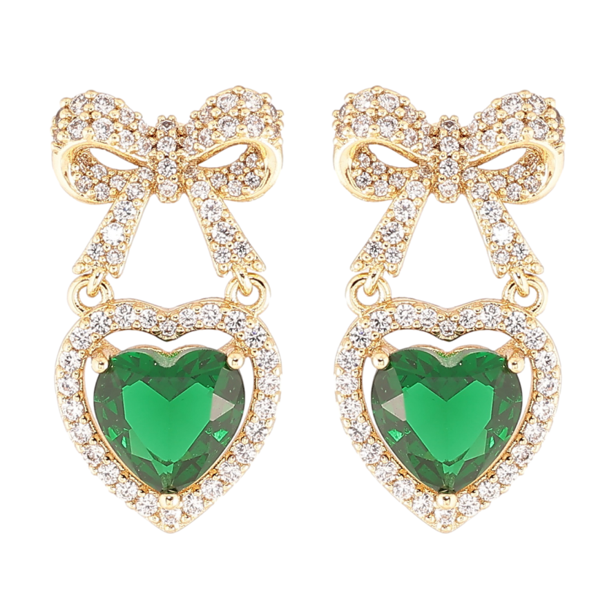 Сережки Xuping Позолота 14K пусети «Банти з сердечками, інкрустація цирконієм із зеленими фіанітами» фото №1