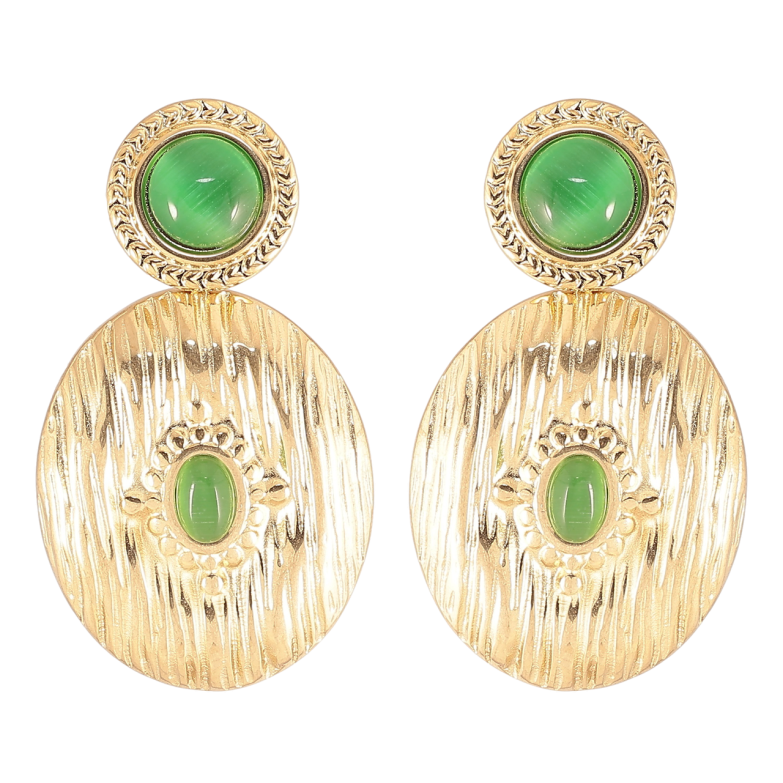 Серьги Xuping TTM Stainless Steel цвет 14К пусеты Овальные подвески с зелеными кристаллами Кошачий глаз фото №2