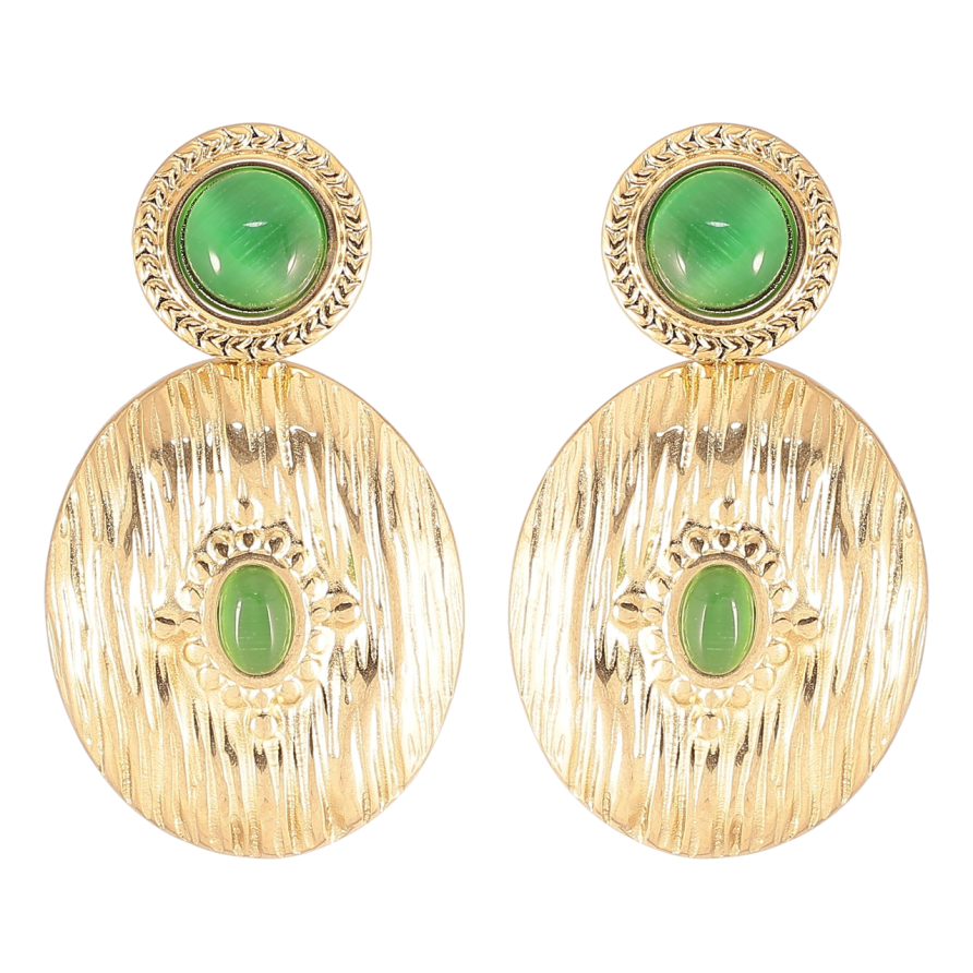 Серьги Xuping TTM Stainless Steel цвет 14К пусеты Овальные подвески с зелеными кристаллами Кошачий глаз фото №1