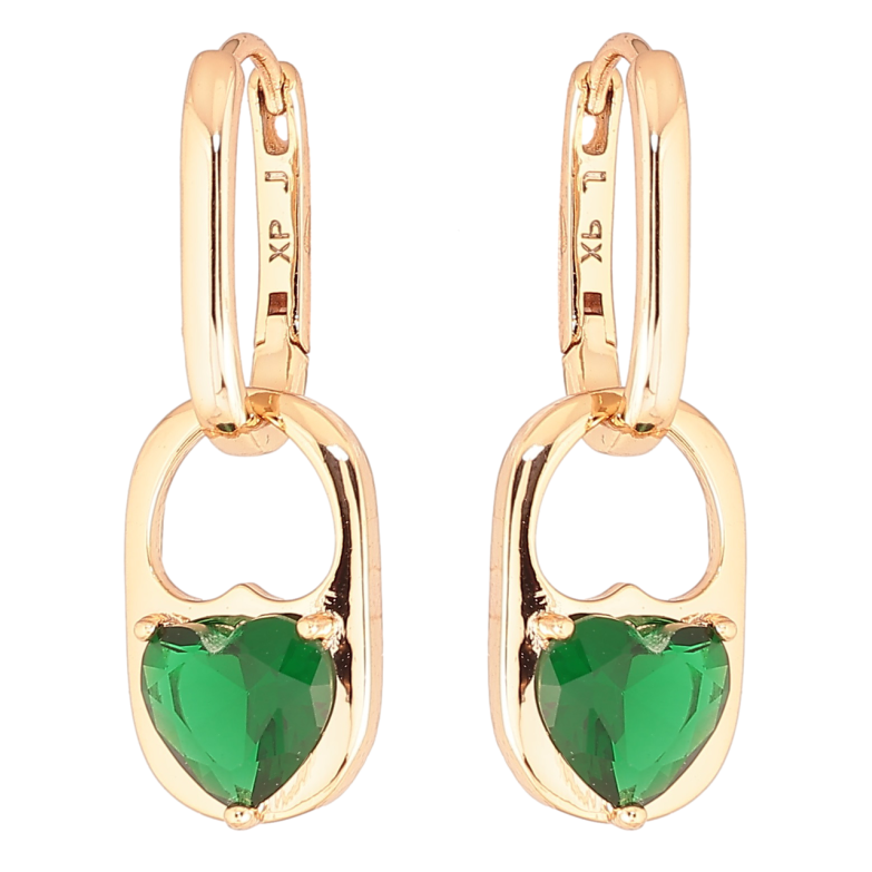 Серьги Xuping Позолота 18K подвески на колечках Зеленые кристальные сердечки 2 в 1 фото №1