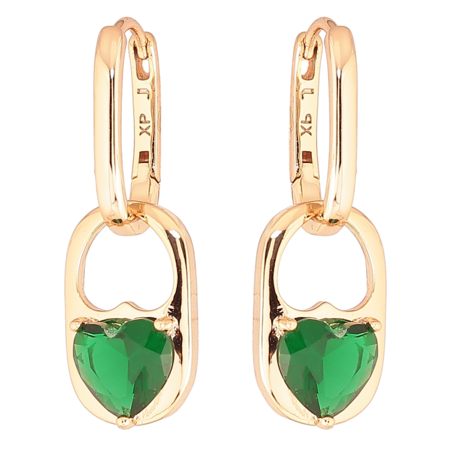 Серьги Xuping Позолота 18K подвески на колечках Зеленые кристальные сердечки 2 в 1 фото №1