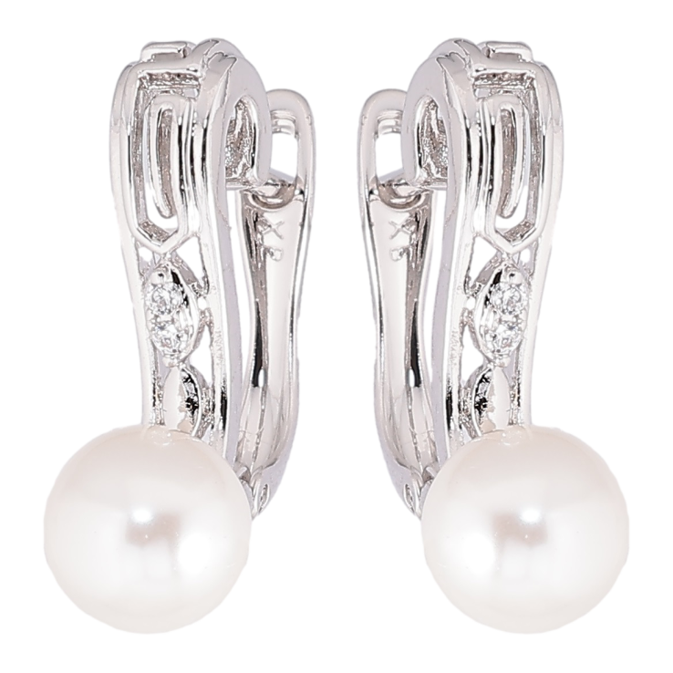 Серьги Xuping Родий английский замок Жемчужины на резных дужках с цирконием фото №11