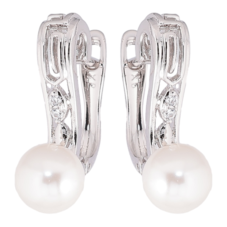 Серьги Xuping Родий английский замок Жемчужины на резных дужках с цирконием фото №2