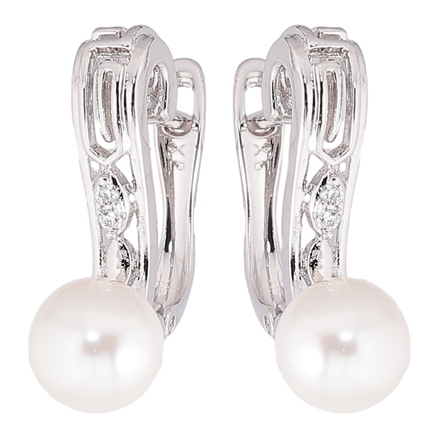 Серьги Xuping Родий английский замок Жемчужины на резных дужках с цирконием фото №1