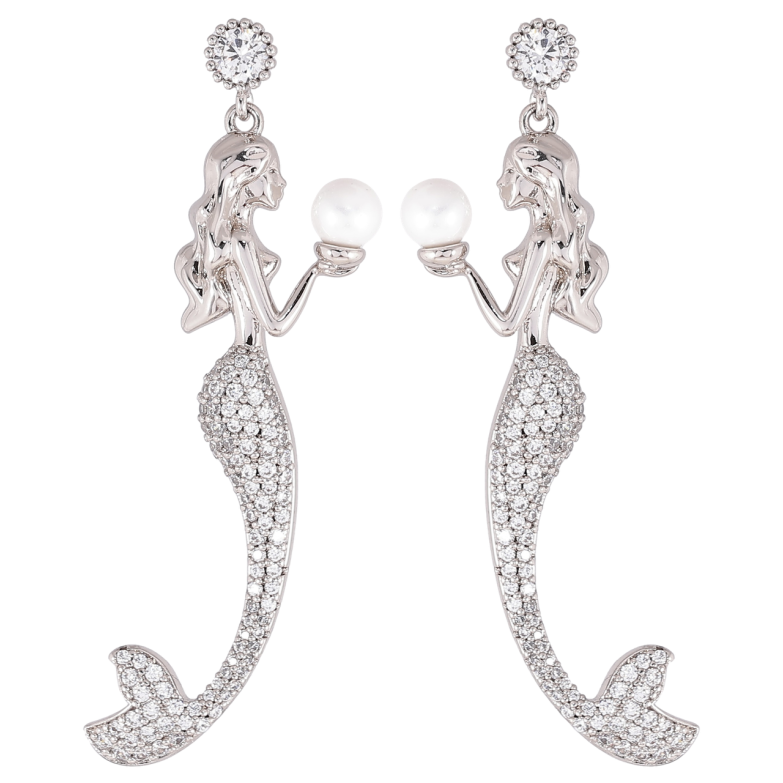 Серьги Xuping Родий пусеты Русалки с инкрустацией цирконием и жемчужинами фото №1 Серьги Xuping Родий пусеты Русалки с инкрустацией цирконием и жемчужинами фото №1
