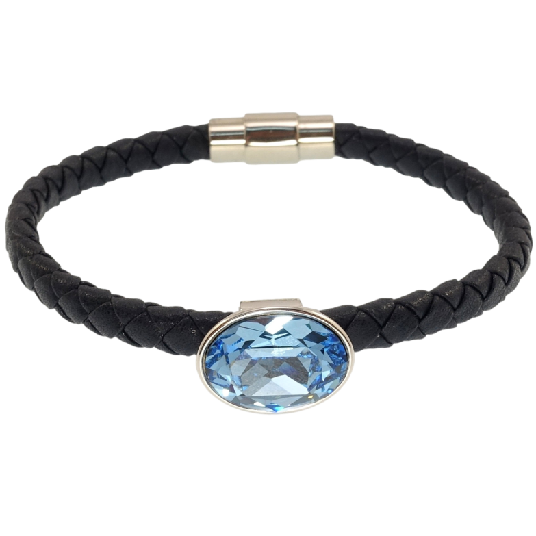 Браслет Xuping колір Родій із кристалами Swarovski Шкіряний синій шнур магнітна застібка Aquamarine довжина 18,5см х фото №1