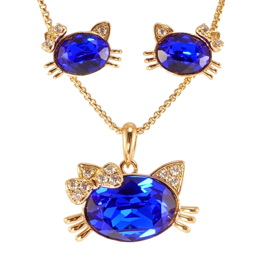 Набір Xuping колір 18K з кр-ми Swarovski Сережки Кулон на ланцюжку Кішки з кристалом Capri Blue дл.40-45см фото №1