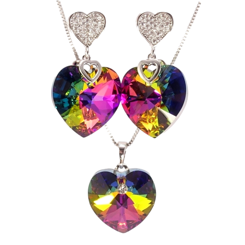 Набір Xuping колір Родій з кр-ми Swarovski Сережки Кулон на ланцюжку Сердечки Vitrail Medium довжина 40-45см х 1мм фото №1