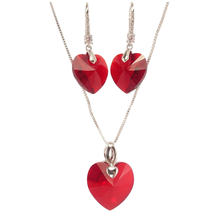 Набір Xuping колір Родій з кр-ми Swarovski Сережки Кулон на ланцюжку Кристал серце Light Siam довжина 41-46см фото №1