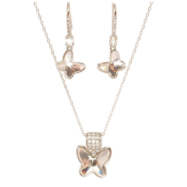 Набір Xuping колір Родій з кр-ми Swarovski Сережки Кулон на ланцюжку Метелики кристали Clear довжина 40-45см х 1мм фото №1