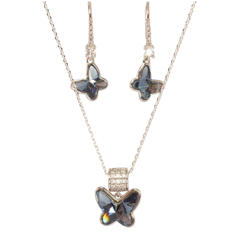 Набір Xuping колір Родій з кр-ми Swarovski Сережки Кулон на ланцюжку Метелики кристали Montana довжина 40-45см х 1мм фото №1