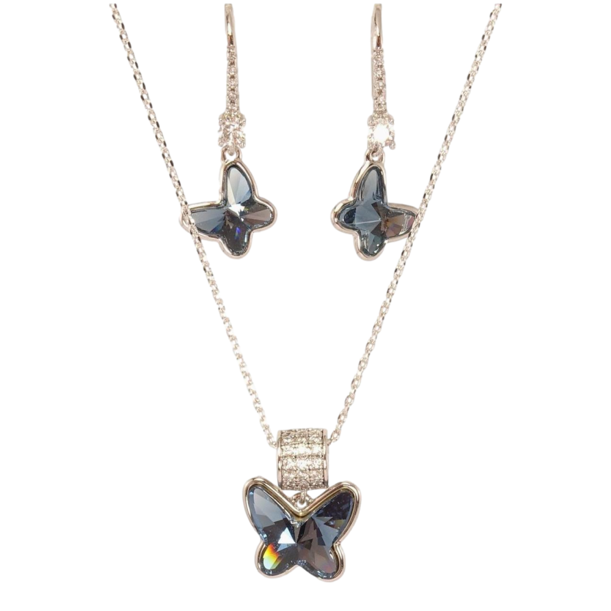 Набір Xuping колір Родій з кр-ми Swarovski Сережки Кулон на ланцюжку Метелики кристали Montana довжина 40-45см х 1мм фото №1