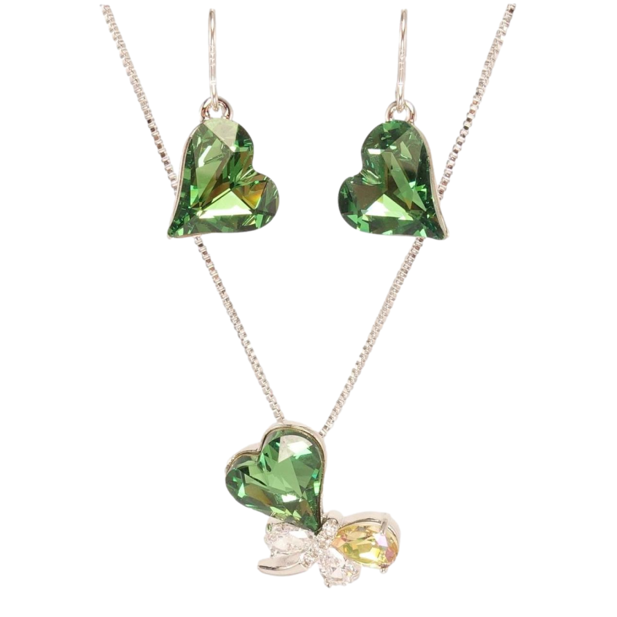 Набір Xuping колір Родій з кр-ми Swarovski Сережки Кулон на ланцюжку Зелене Серце і Бабка довжина 38-43см фото №1
