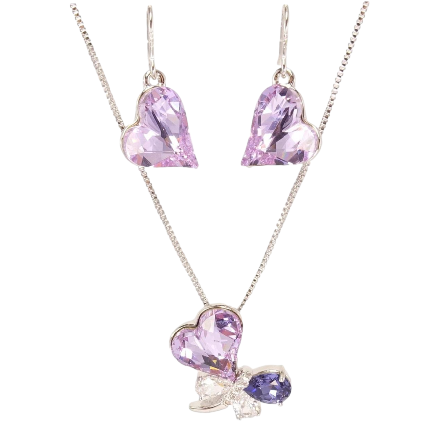 Набір Xuping колір Родій з кр-ми Swarovski Сережки Кулон на ланцюжку Бузкове Серце і Бабка довжина 40-45см фото №1