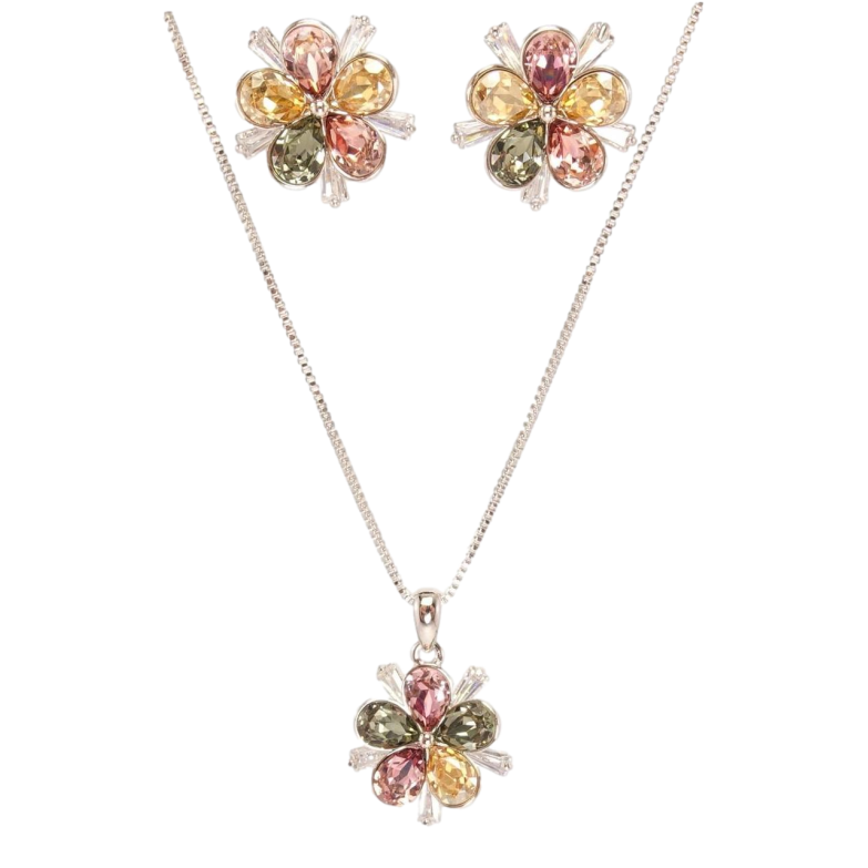 Набір Xuping колір Родій з кр-ми Swarovski Сережки Кулон на ланцюжку Різнокольорова Квітка довжина 39-44см фото №1