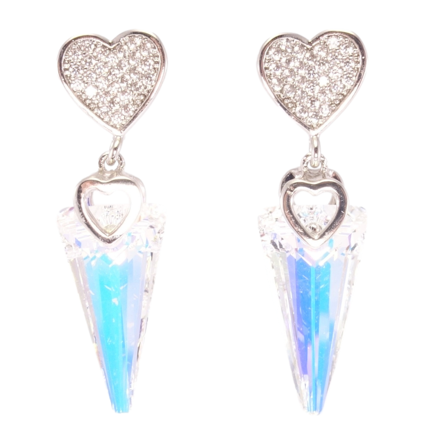 Серьги Xuping цвет Родий с кристаллами Swarovski пусеты "Сердечки с кристаллам, подвески кристалл Shimmer" фото №1