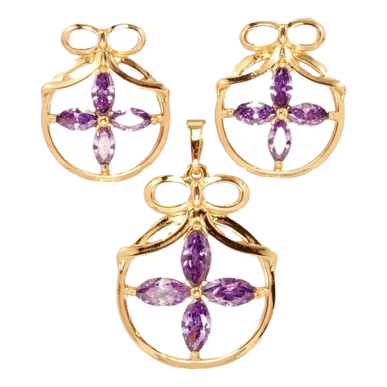 Набор Xuping Позолота 18K Серьги Кулон Фиолетовый Кристальный Цветок в Круглой Рамке с Бантиком фото №1