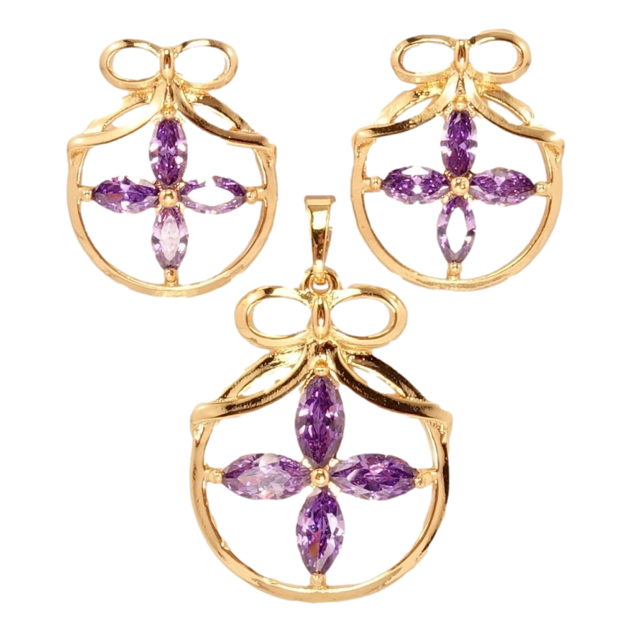 Набор Xuping Позолота 18K Серьги Кулон Фиолетовый Кристальный Цветок в Круглой Рамке с Бантиком фото №1