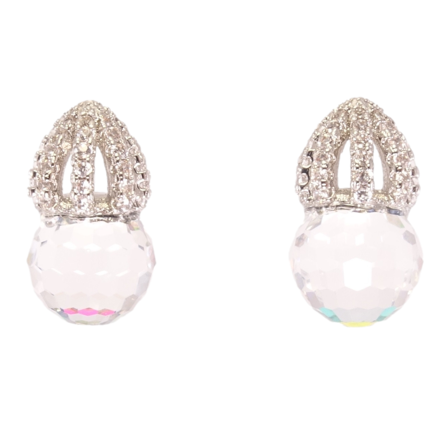 Сережки Xuping колір Родій з кристалами Swarovski пусети Гранена кулька під куполом кристал знизу райдужний фото №1
