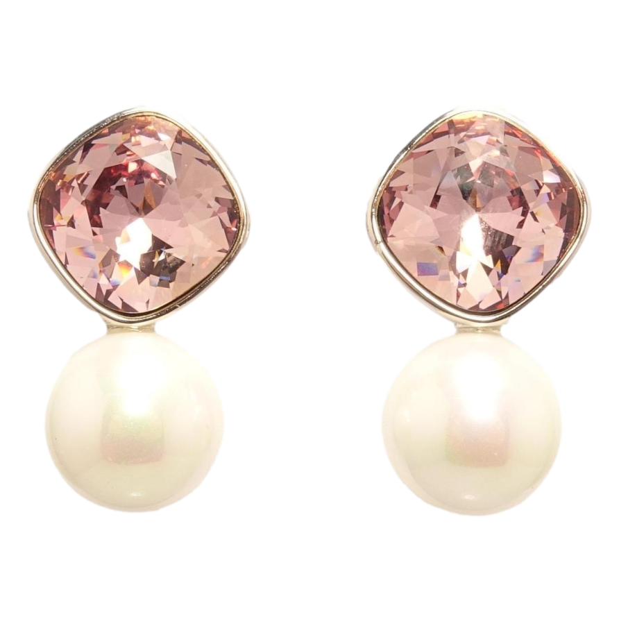Сережки Xuping колір Родій з кристалами Swarovski пусети Кристал Antique Pink з перлиною ø 10мм фото №1