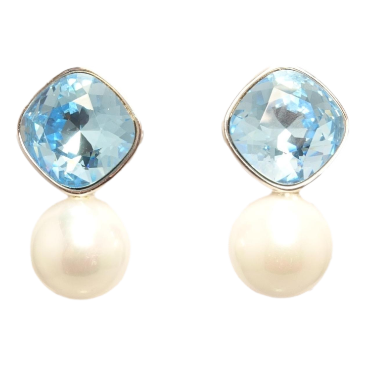 Сережки Xuping колір Родій з кристалами Swarovski пусети Кристал Aquamarine з перлиною ø 10мм фото №18