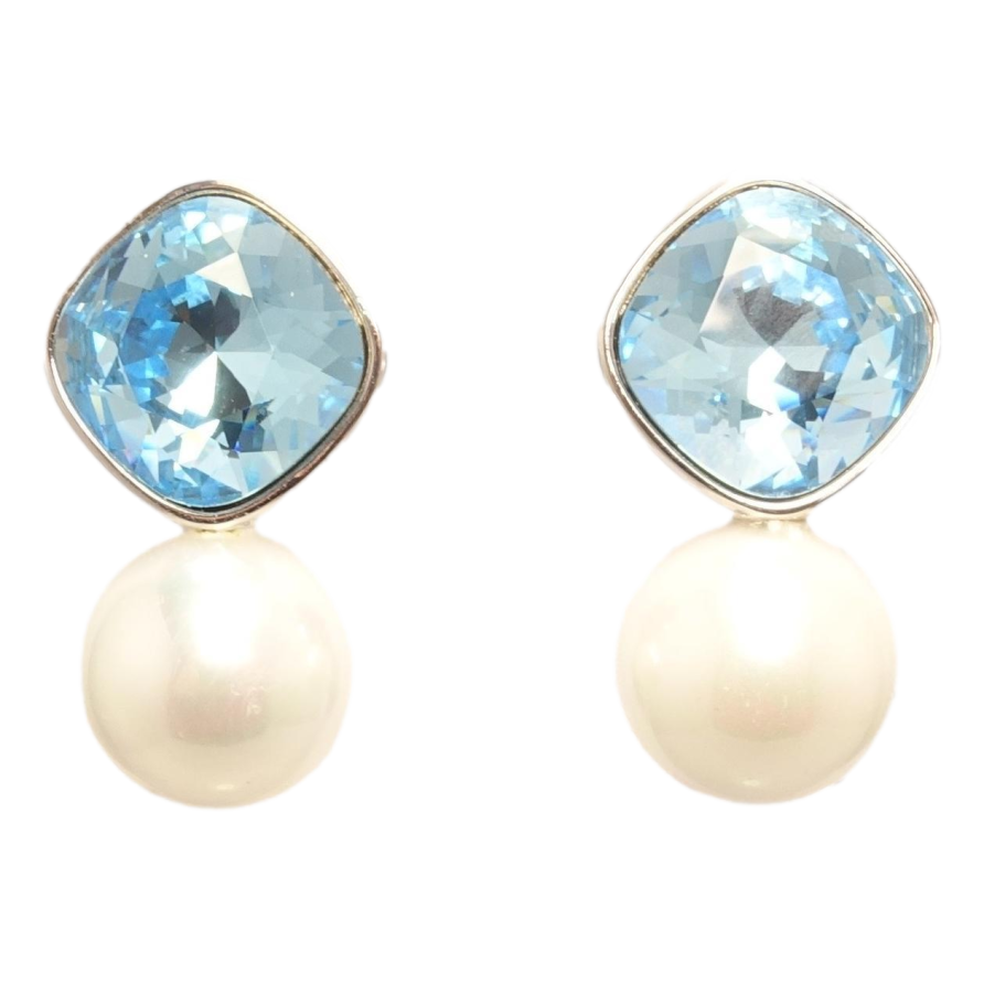 Сережки Xuping колір Родій з кристалами Swarovski пусети Кристал Aquamarine з перлиною ø 10мм фото №1