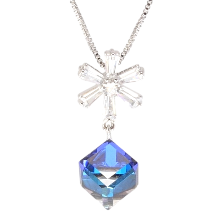 Кулон Xuping колір Родій із кр-ми Swarovski на ланцюжку Сніжинка з кристальним кубом Bermuda Blue довжина 39-44см фото №2