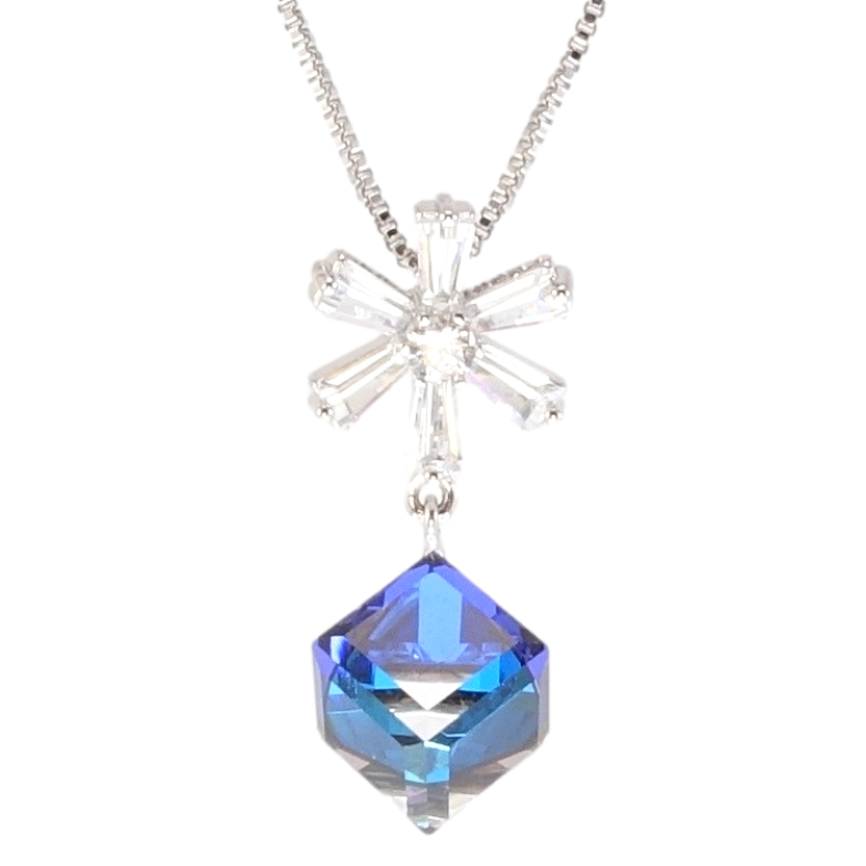 Кулон Xuping цвет Родий с кр-ми Swarovski на цепочке Снежинка с кристальным кубом Bermuda Blue длина 39-44см фото №1
