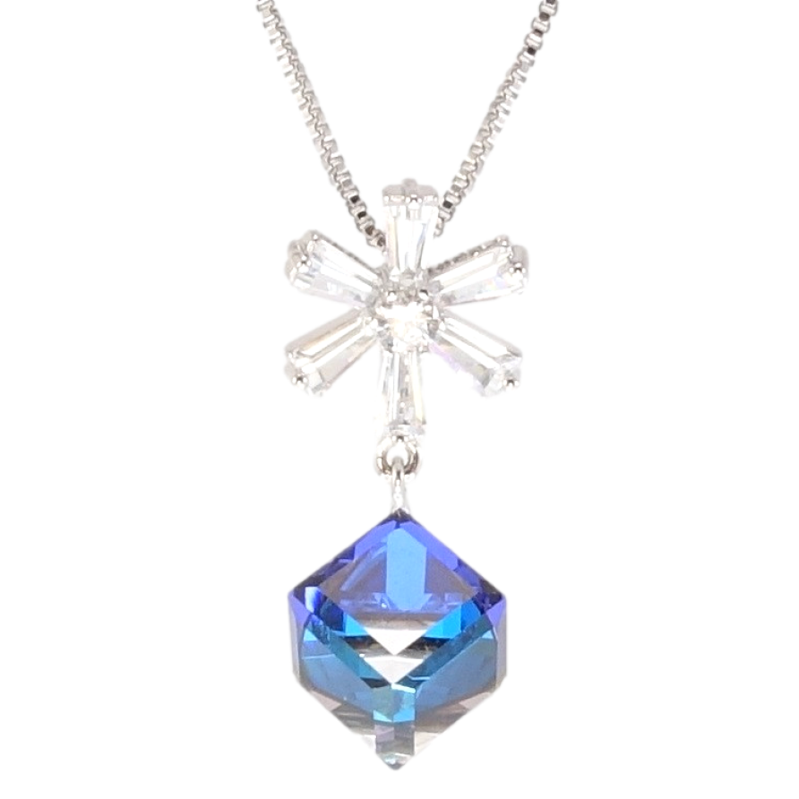 Кулон Xuping цвет Родий с кр-ми Swarovski на цепочке Снежинка с кристальным кубом Bermuda Blue длина 39-44см фото №1