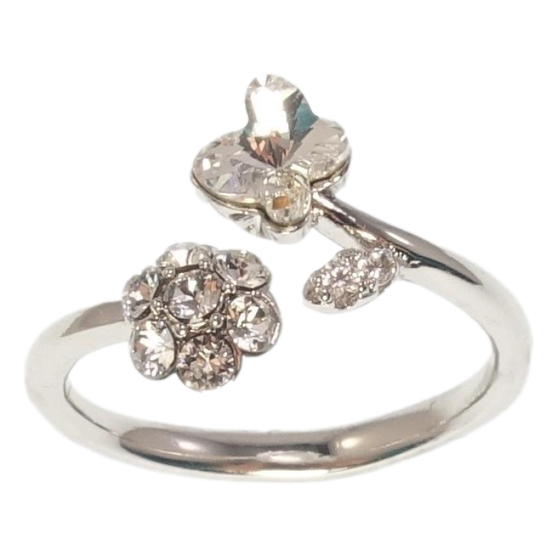 Каблучка Xuping колір Родій з кр-ми Swarovski Кристальна квіточка з метеликом Clear фото №1 Каблучка Xuping колір Родій з кр-ми Swarovski Кристальна квіточка з метеликом Clear фото №1