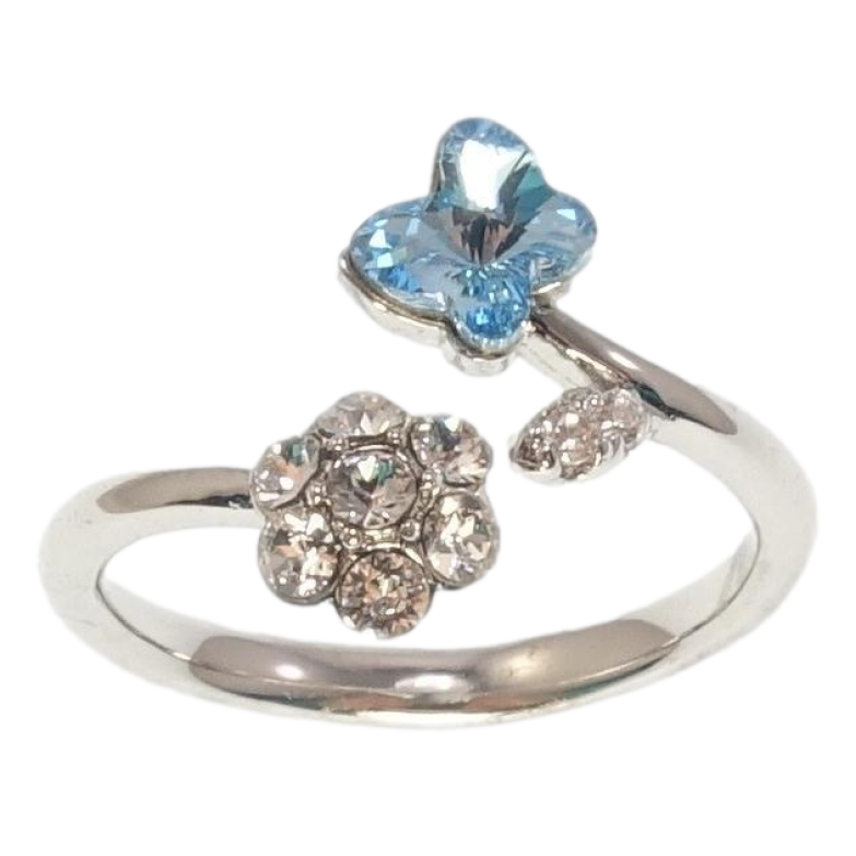 Каблучка Xuping колір Родій з кр-ми Swarovski Кристальна квіточка з метеликом Aquamarine фото №15