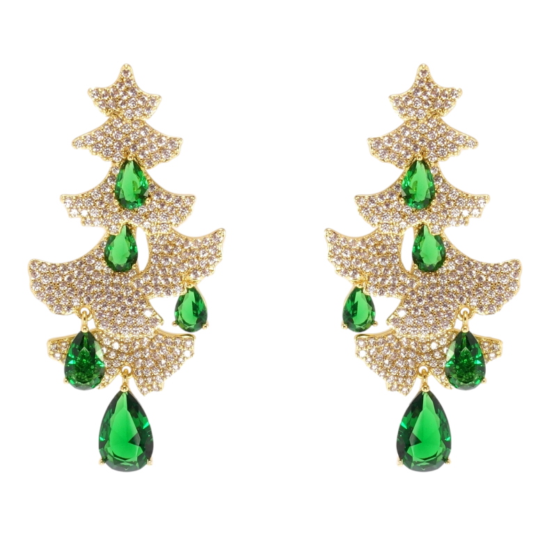 Сережки Xuping QQMM Позолота 14K пусети «Ялинки інкрустація цирконієм із зеленими фіанітами» фото №1