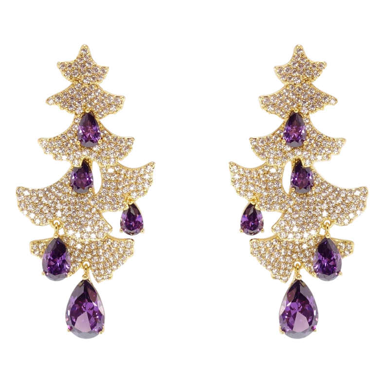 Сережки Xuping QQMM Позолота 14K пусети «Ялинки інкрустація цирконієм з бузковими фіанітами» фото №1