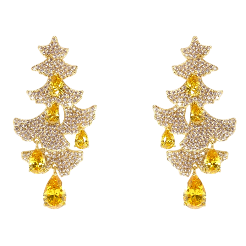 Серьги Xuping QQMM Позолота 14K пусеты Елочки инкрустация цирконием с желтыми фианитами фото №1