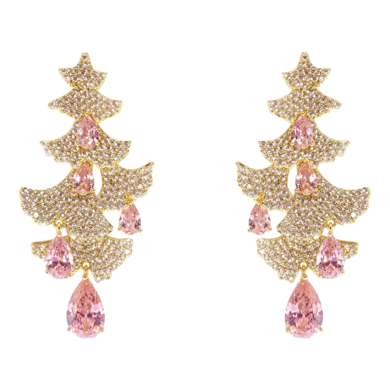 Серьги Xuping QQMM Позолота 14K пусеты Елочки инкрустация цирконием с розовыми фианитами фото №1