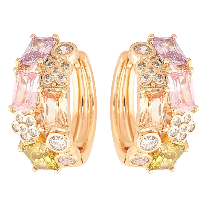 Сережки Xuping Позолота 18K колечка «Візерунок з кольоровими фіанітами та квіточками» фото №1