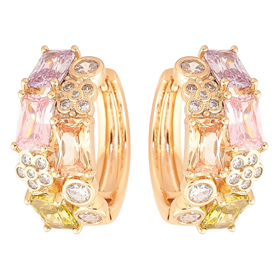 Серьги Xuping Позолота 18K колечки Узор с цветными фианитами и цветочками фото №1