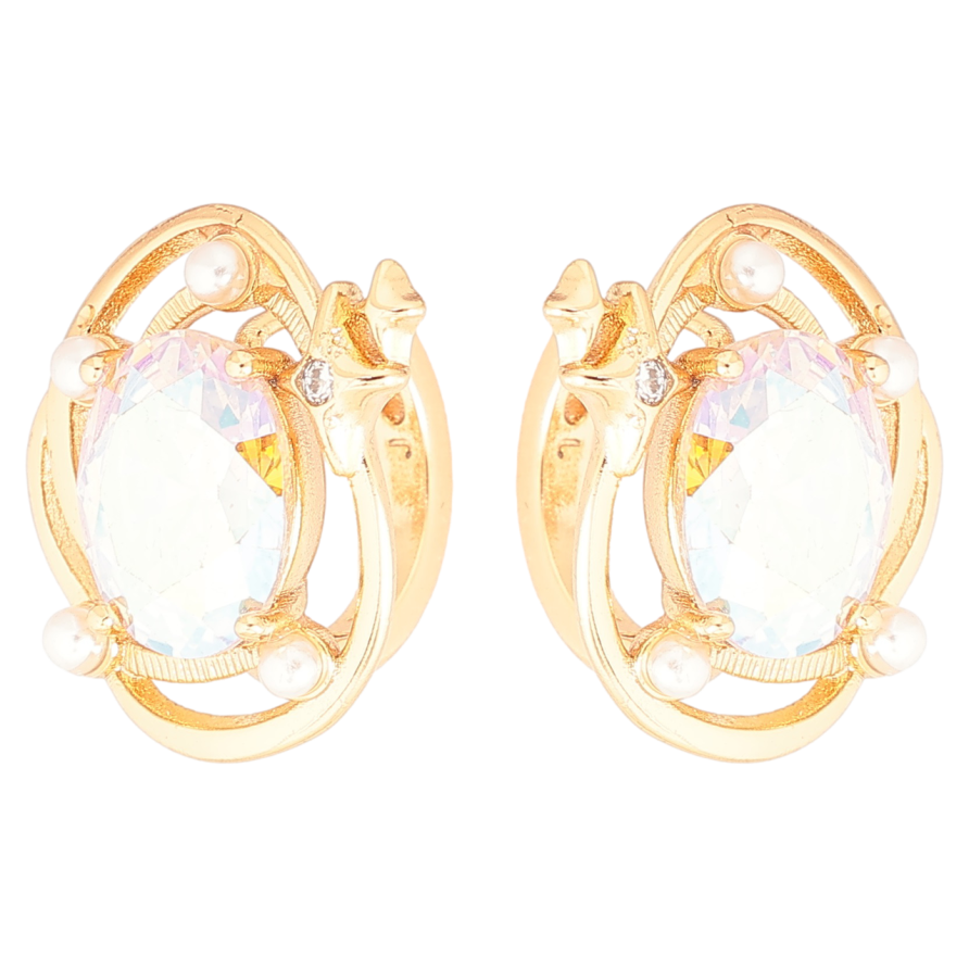 Серьги Xuping Позолота 18K колечки Узор с радужными фианитами и жемчужинками фото №1