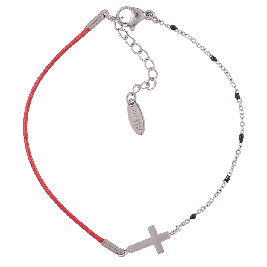 Браслет Xuping ТТМ Stainless Steel колір Родій «Ланцюжок з червоним шнуром і Хрестиком» з доп.ланцюгом 18.5-21см х 1мм фото №1