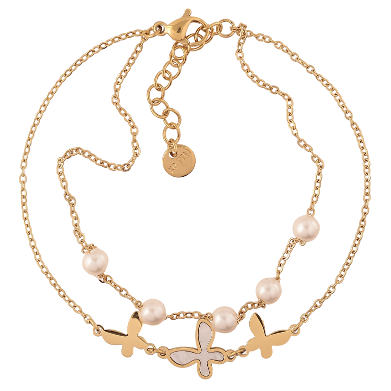 Браслет Xuping ТТМ Stainless Steel цвет 14К Двойная цепочка с бабочками и жемчугом с доп.цеп 19-22.5см х 2мм фото №7