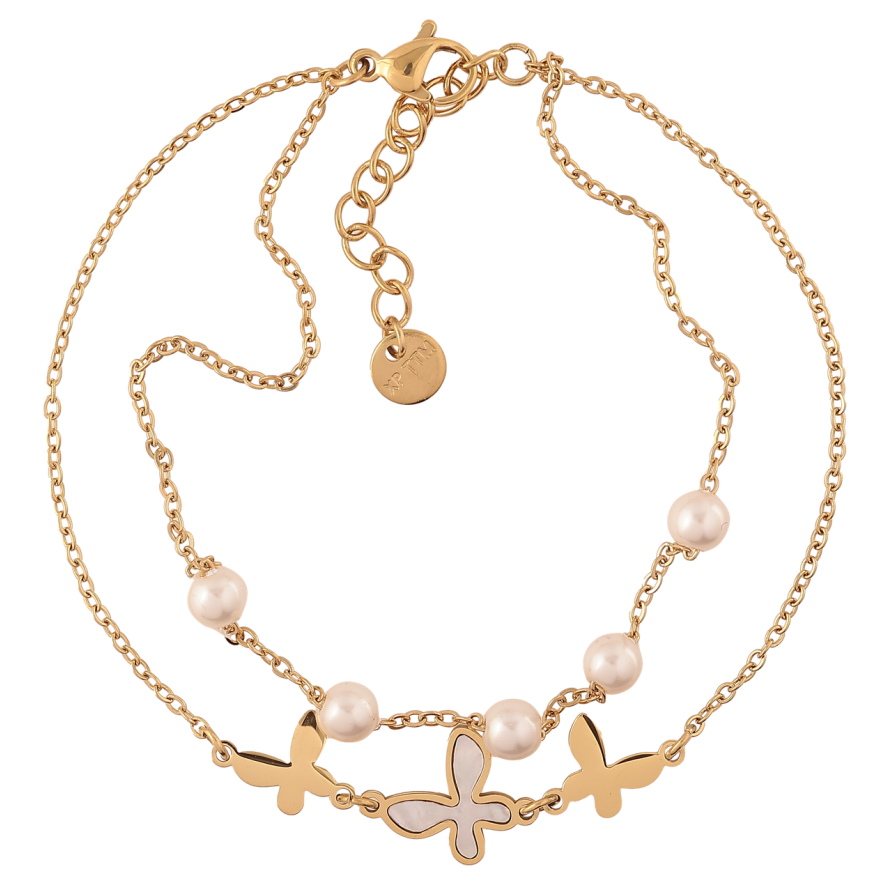 Браслет Xuping ТТМ Stainless Steel колір 14К «Подвійний ланцюжок з метеликами і перлами» з доп.ланцюгом 19-22.5см х 2мм фото №1