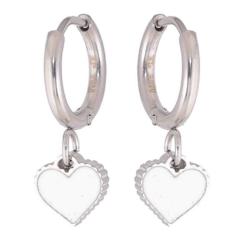 Сережки Xuping TTM Stainless Steel колір Родій підвіски на колечках «Сердечка з білою емаллю» фото №1