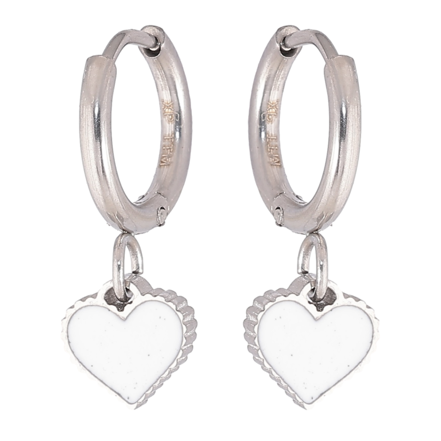 Серьги Xuping TTM Stainless Steel цвет Родий подвески на колечках Сердечки с белой эмалью фото №1